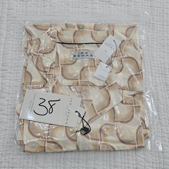 Ike Behar Crepe Shirt Men's XL Ecru and Blue Mod Short Sleeve Button Up NWT - Picture 15 of 15